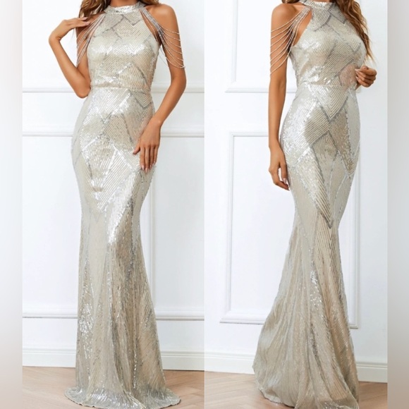 Luxe silver beaded halter party formal evening wedding sequins dress